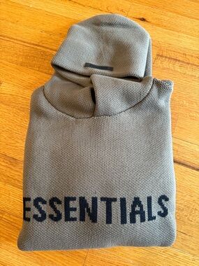 Fear of God Men’s Olive (Harvest) Hoodie Sweater with ESSENTIALS Logo - Medium